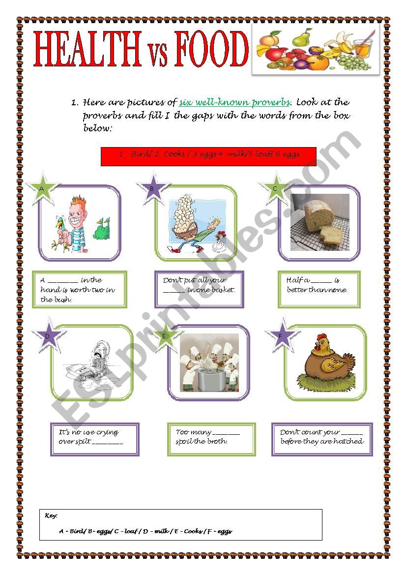 SIX PROVERBS FOR KIDS - FOOD worksheet