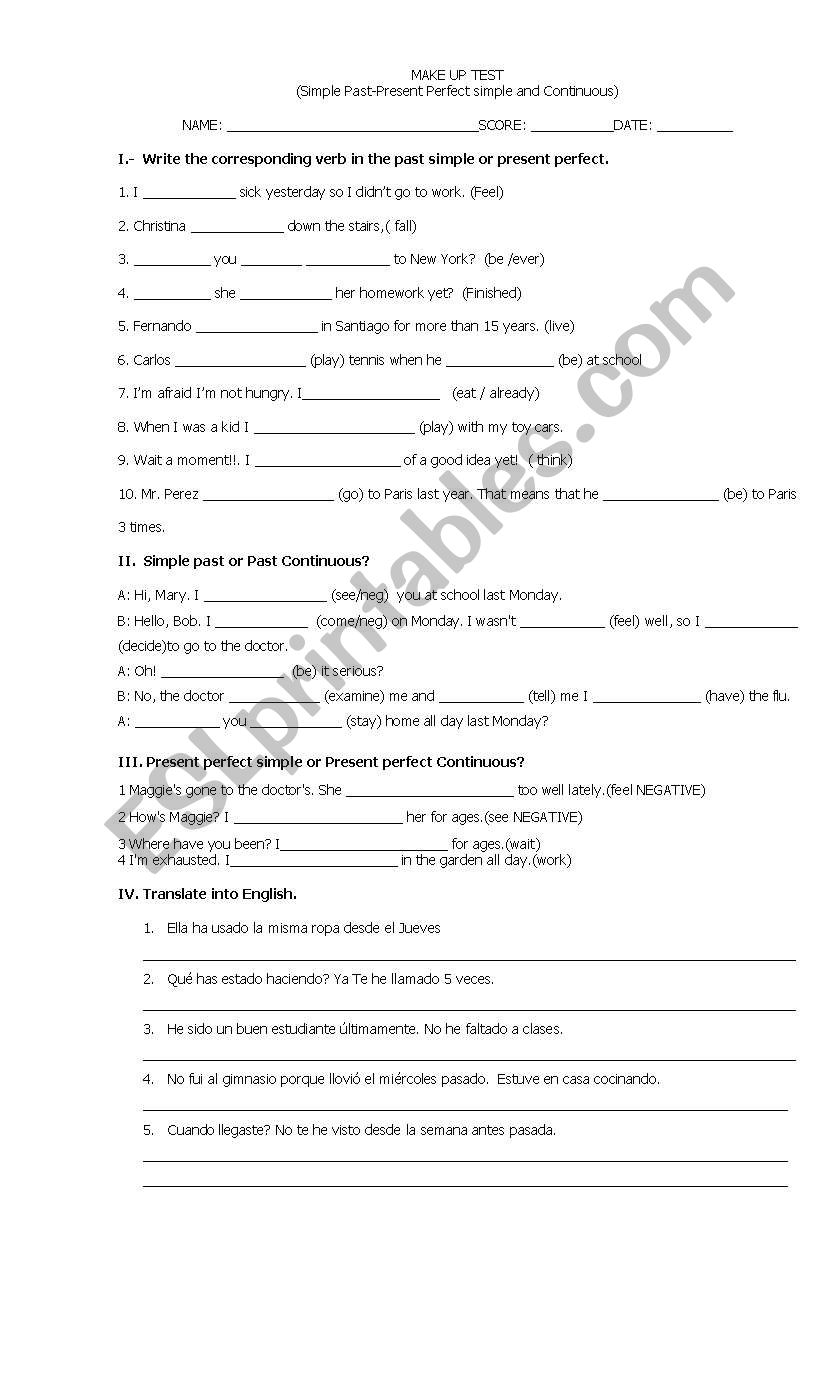 Test on verbs worksheet