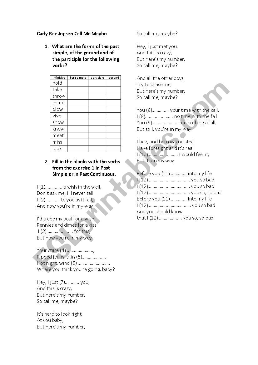 Call me maybe song worksheet