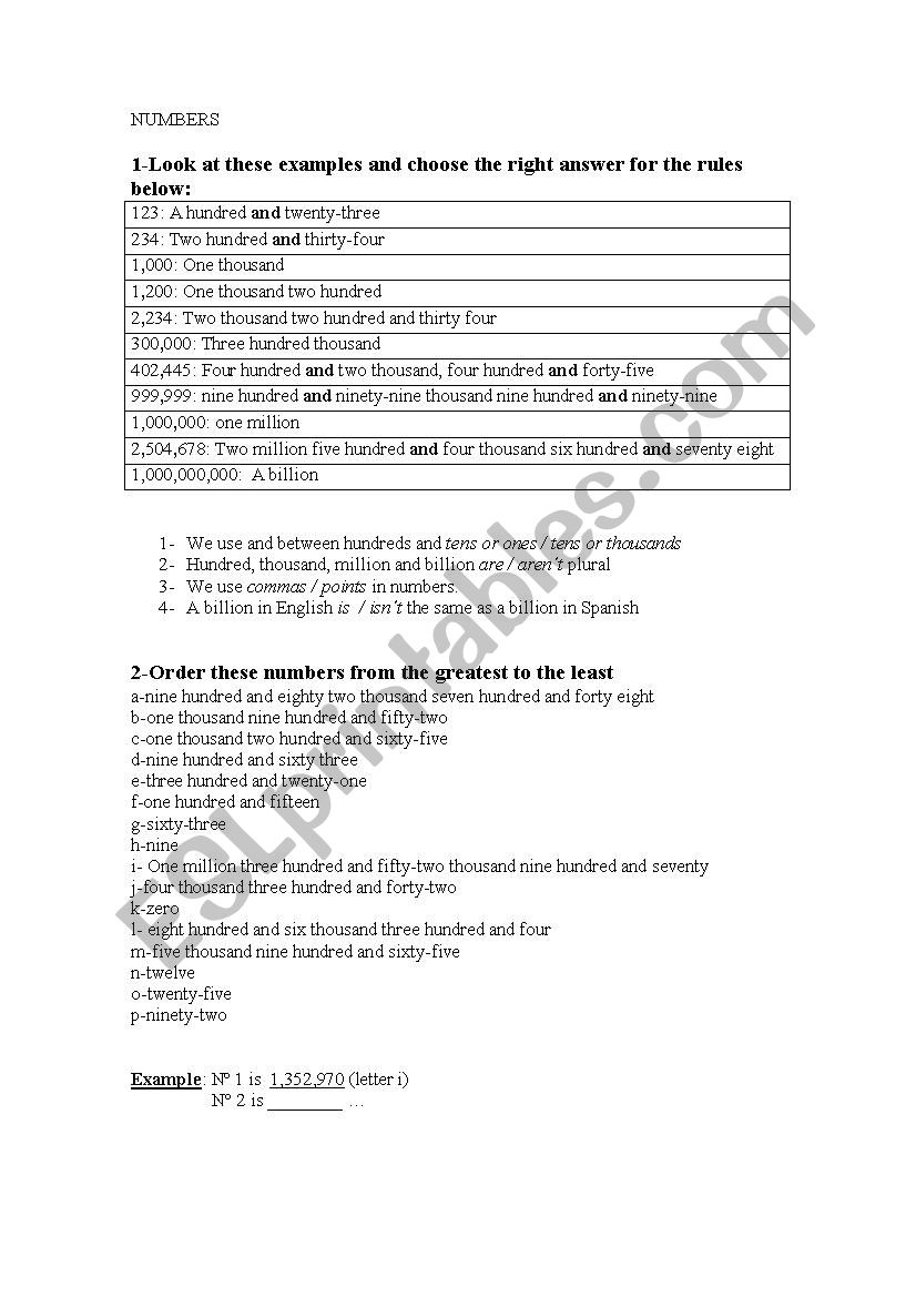 NUMBERS worksheet