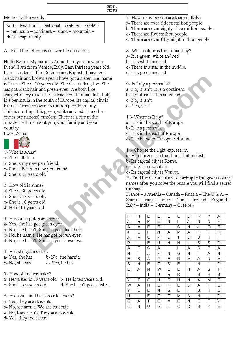 Countries worksheet