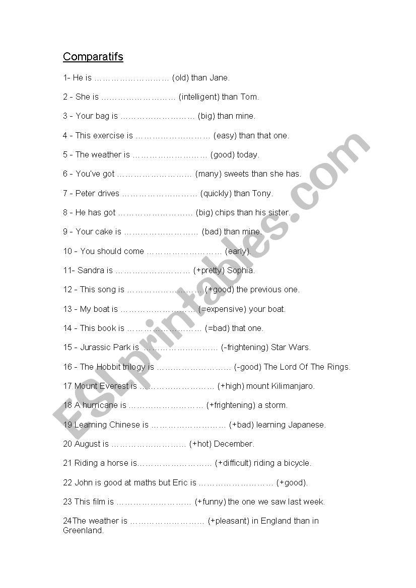 Comparatives / Superlatives worksheet