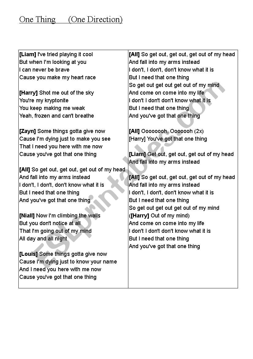 One Thing (By 1D) worksheet