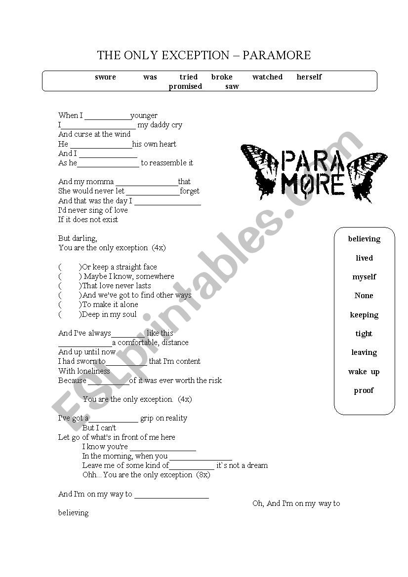 The only exception - Paramore worksheet