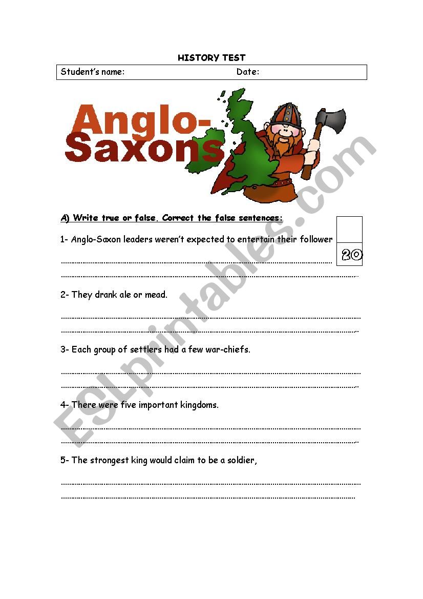 The Anglo-Saxons History Test worksheet