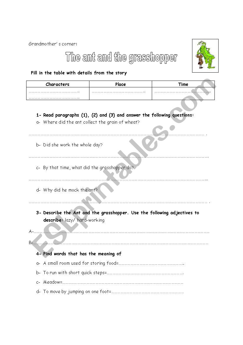 The ant and the grasshopper worksheet