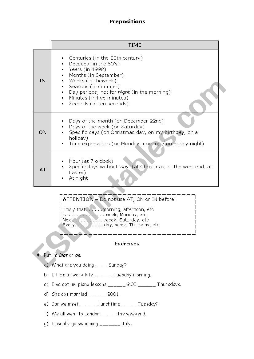 Time prepositions - Review and exercises