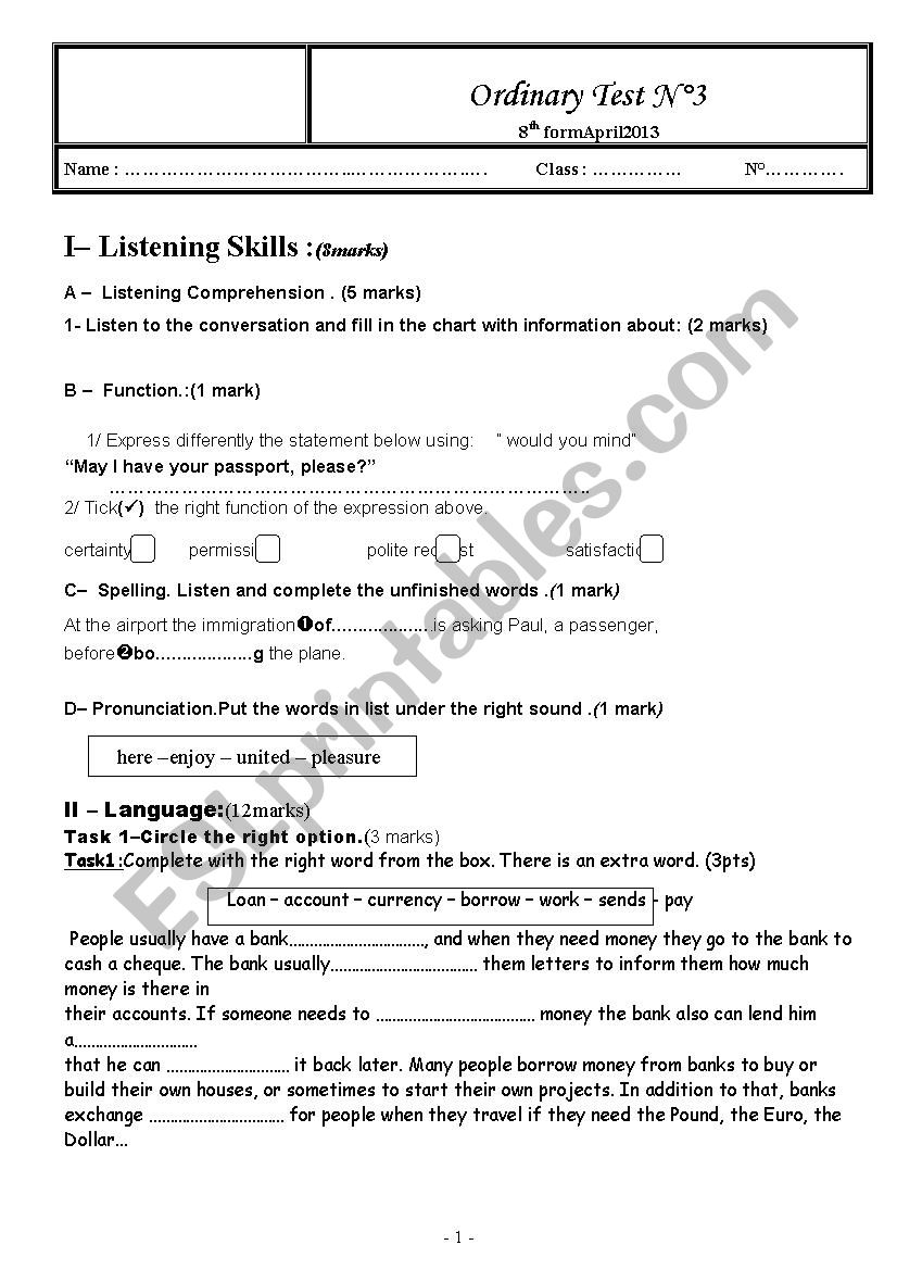 mid term test 3 8th form worksheet