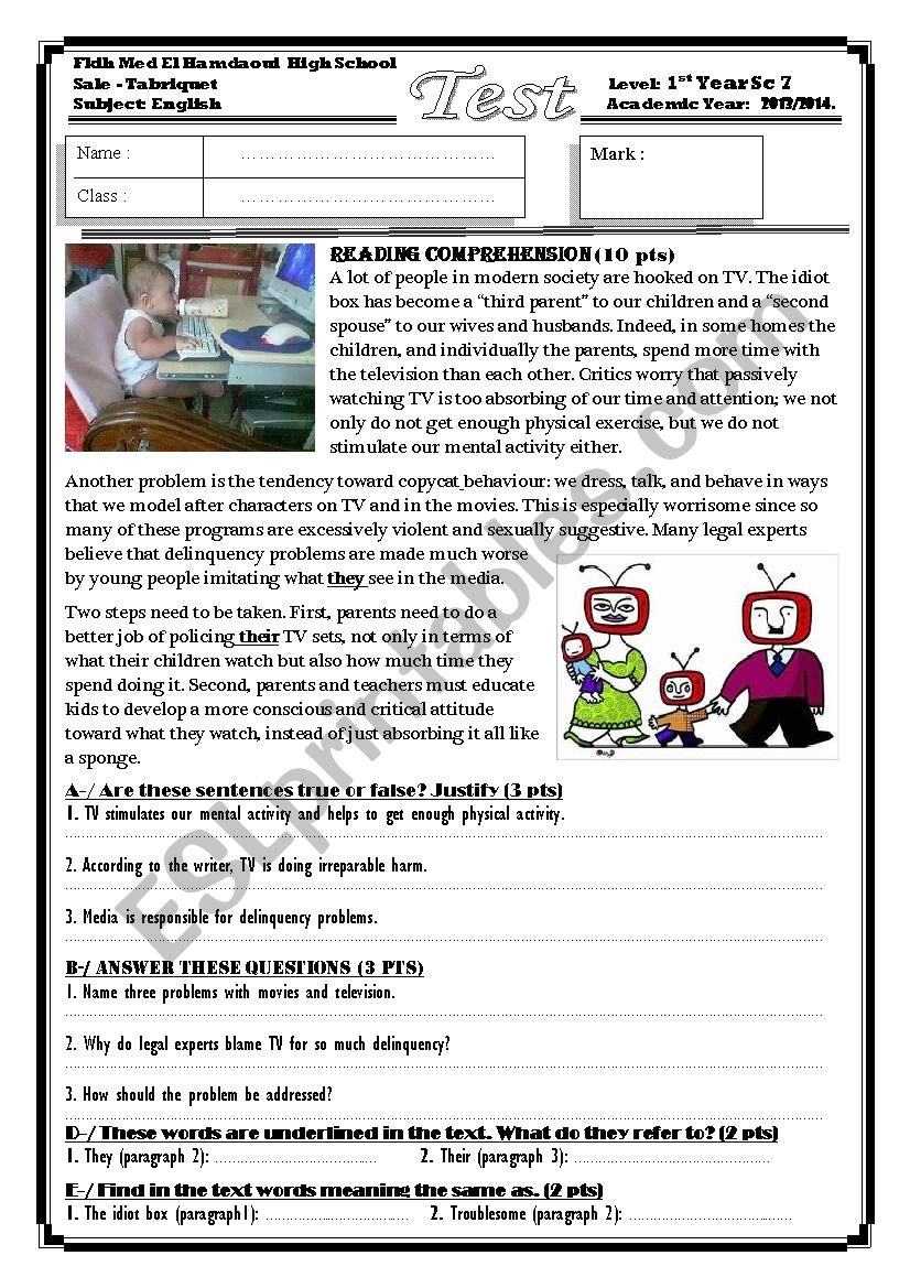 reading- TV addiction worksheet