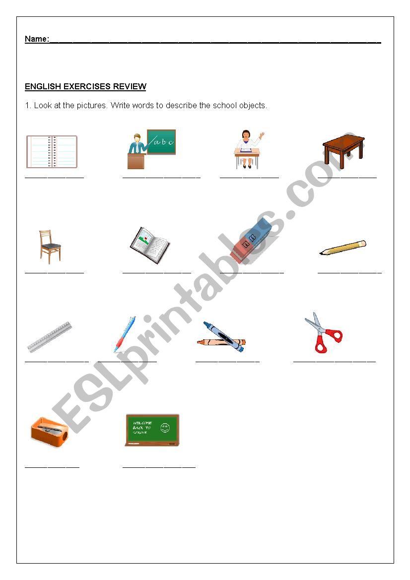 School objects worksheet