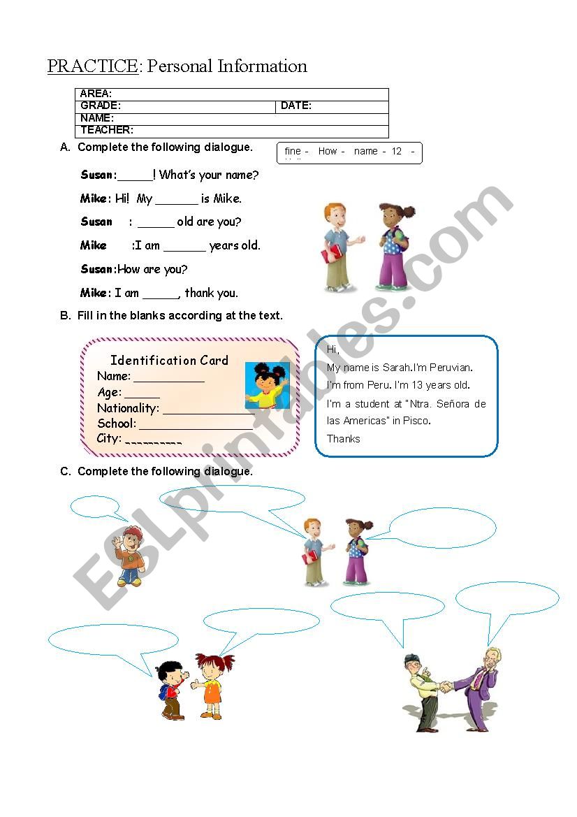 Personal Information worksheet