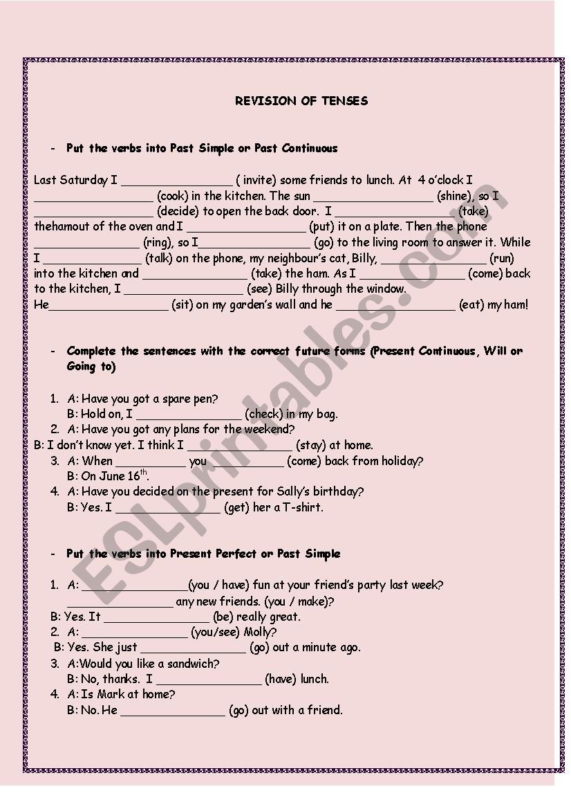 Revision of tenses worksheet