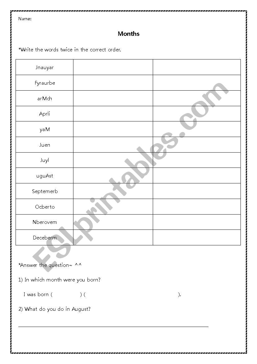 months worksheet