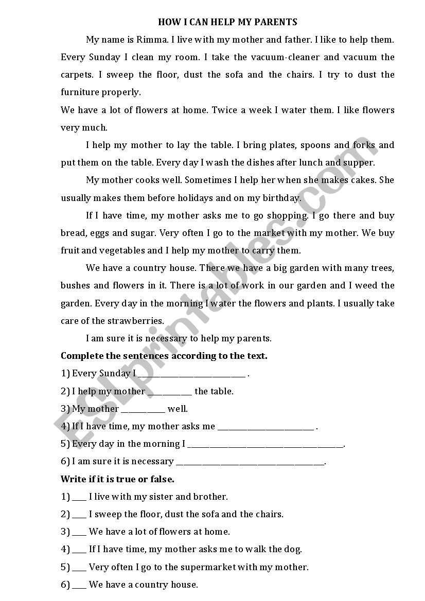 household duties worksheet