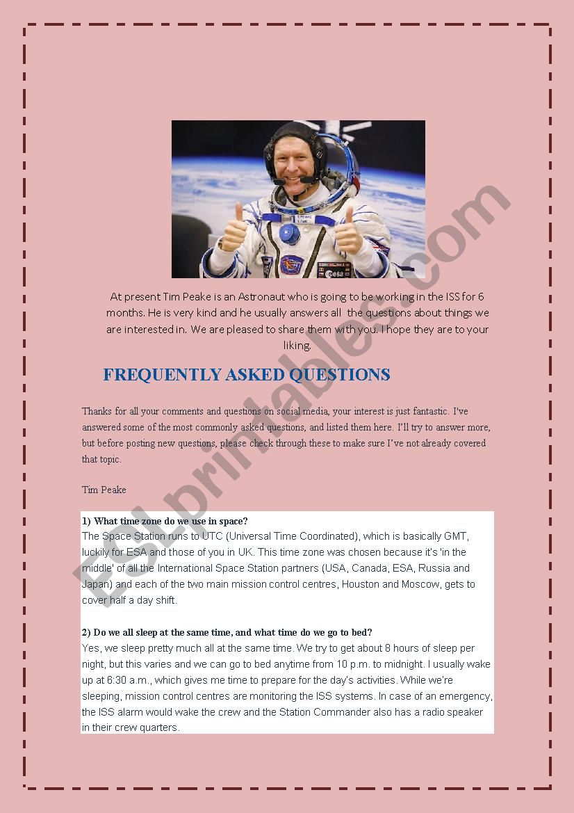 READING ASTRONAUT TIM PEAKE worksheet