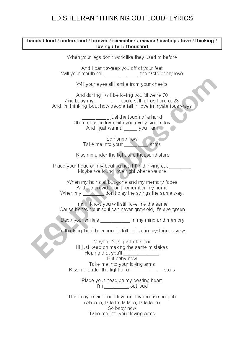 Ed Sheeran Thinking Out Loud Lyrics Activity Esl Worksheet By Ylenia 94 Ed Sheeran Thinking Out Loud Lyrics Activity Esl Worksheet By Ylenia 94