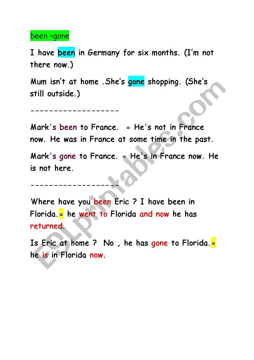 Present Perfect been-gone worksheet