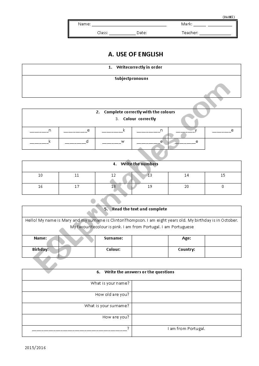 TEST  worksheet