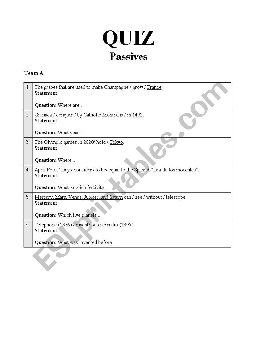 Quizz with passive forms worksheet