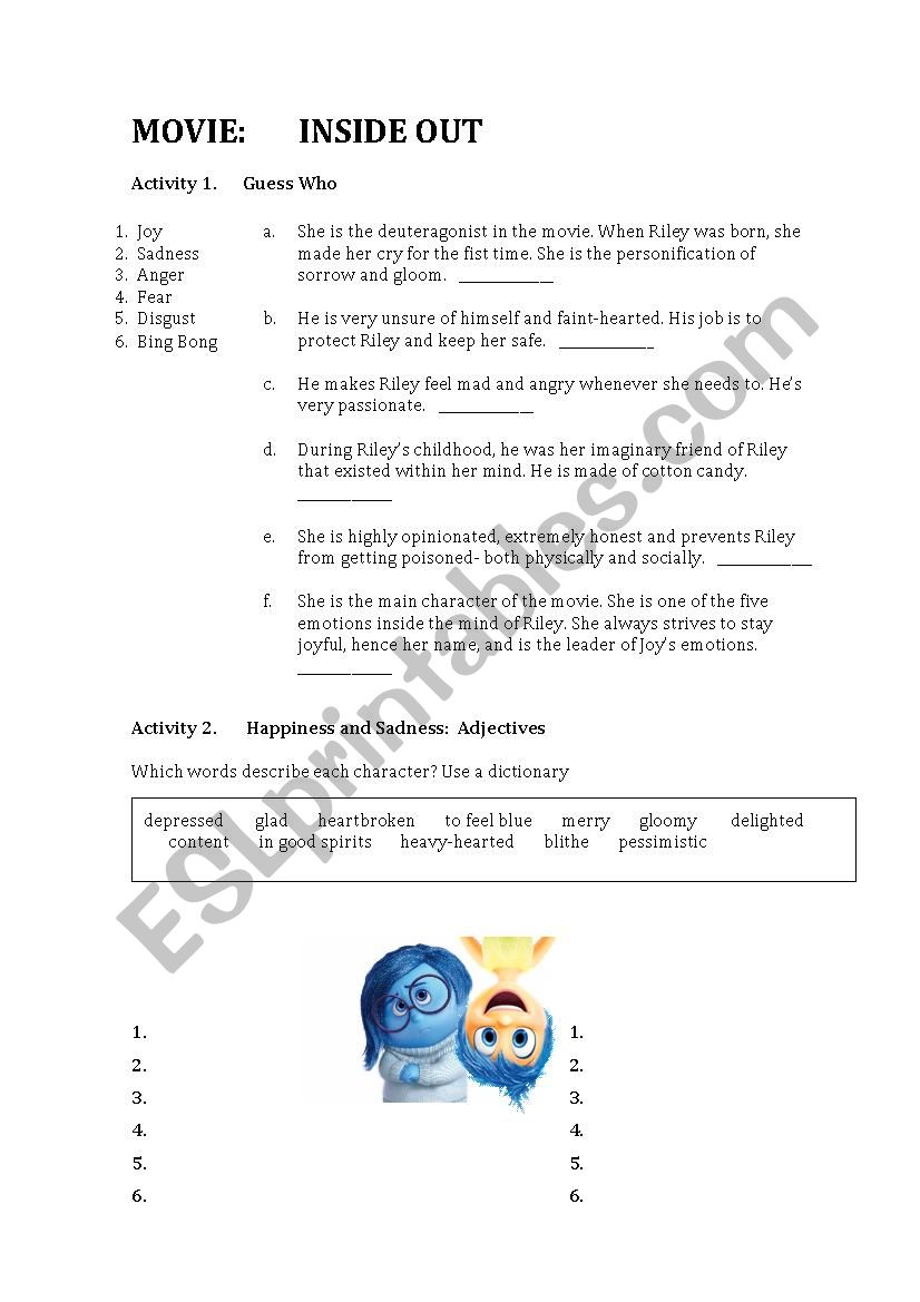 Movie: Inside Out worksheet