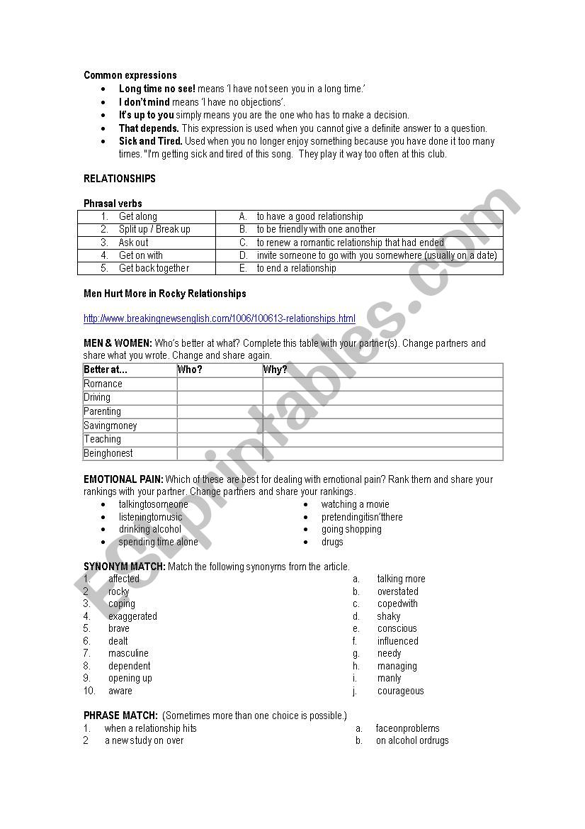 Relationships worksheet