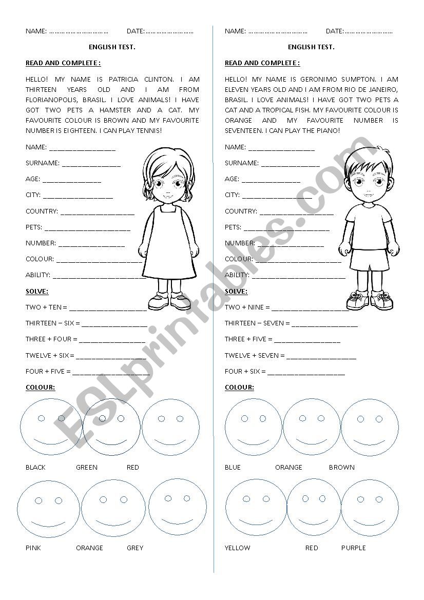 Elementary Test worksheet