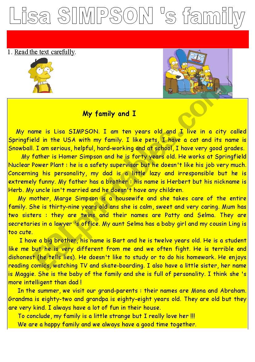 Lisa Simpson ´s family Reading Comprehension Test