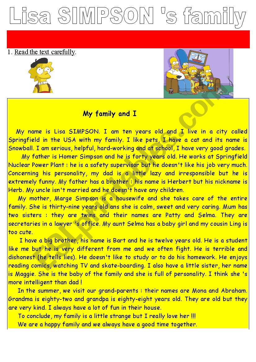 Lisa Simpson s family Reading Comprehension Test