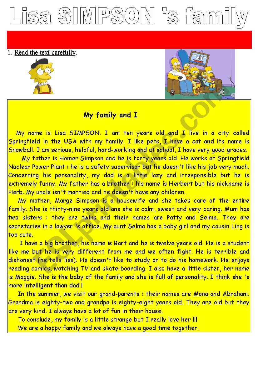 Lisa Simpson Â´s family Reading Comprehension Test