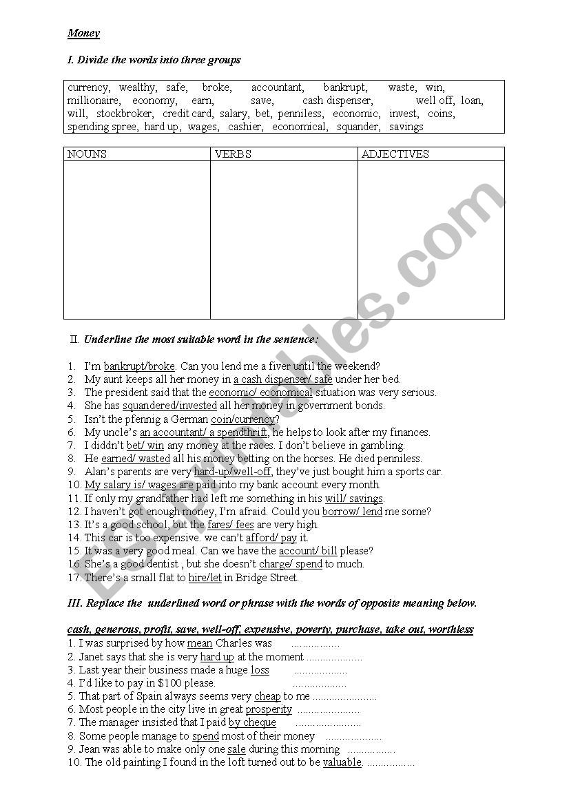 money vocabulary  worksheet