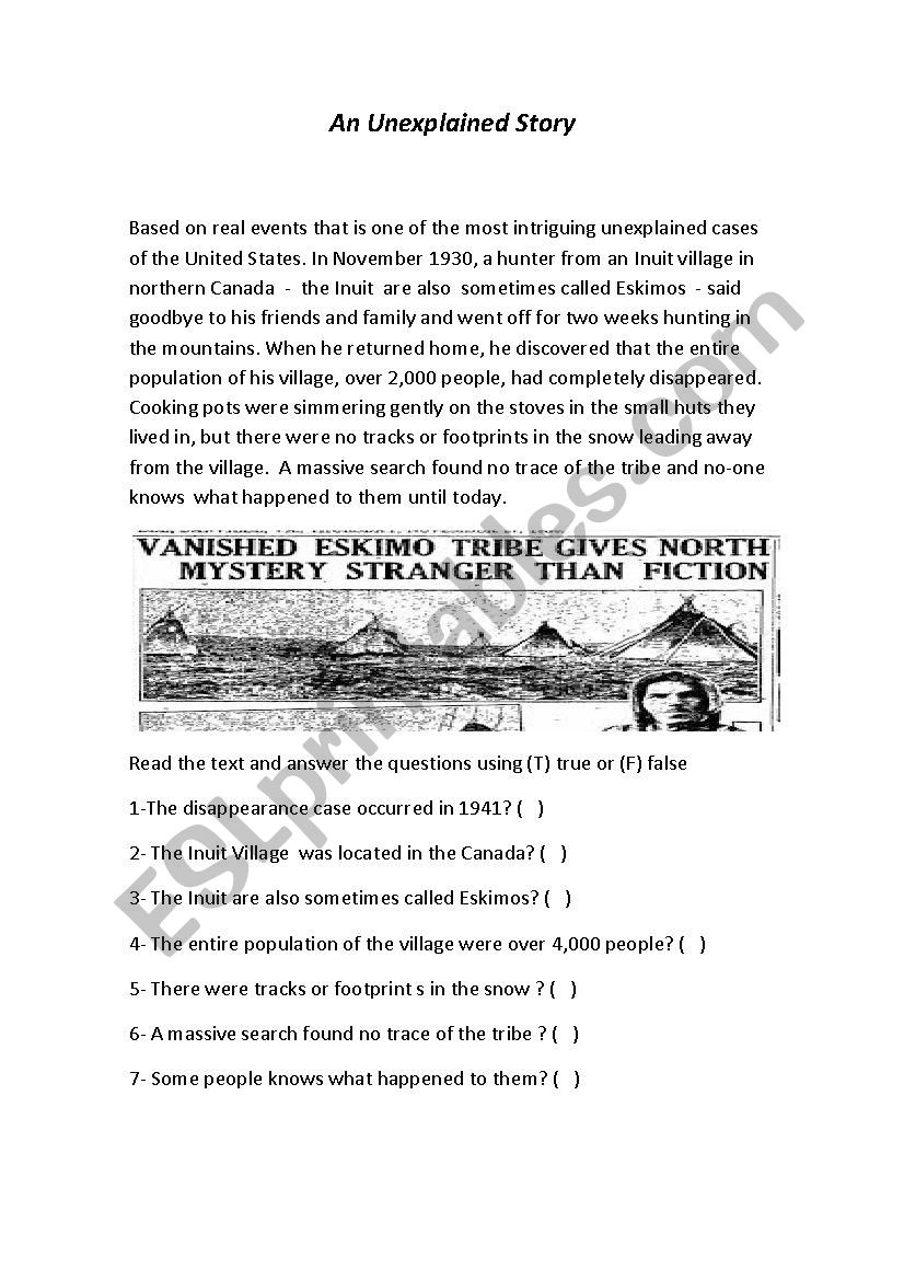 An Unexplained Story worksheet