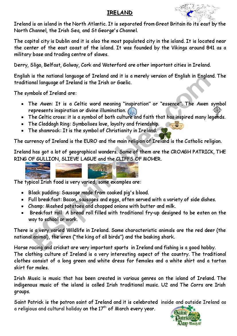 Ireland cultural information worksheet