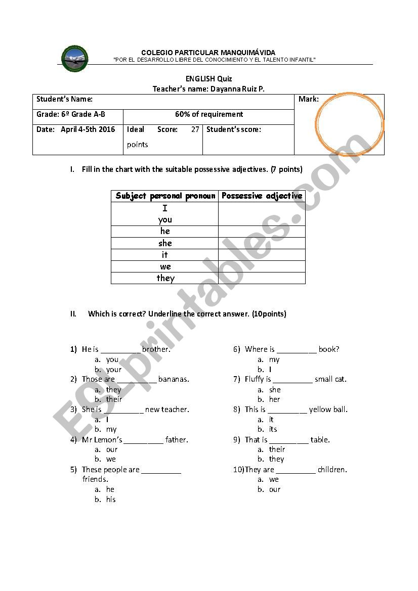 quiz possessive adjectives worksheet