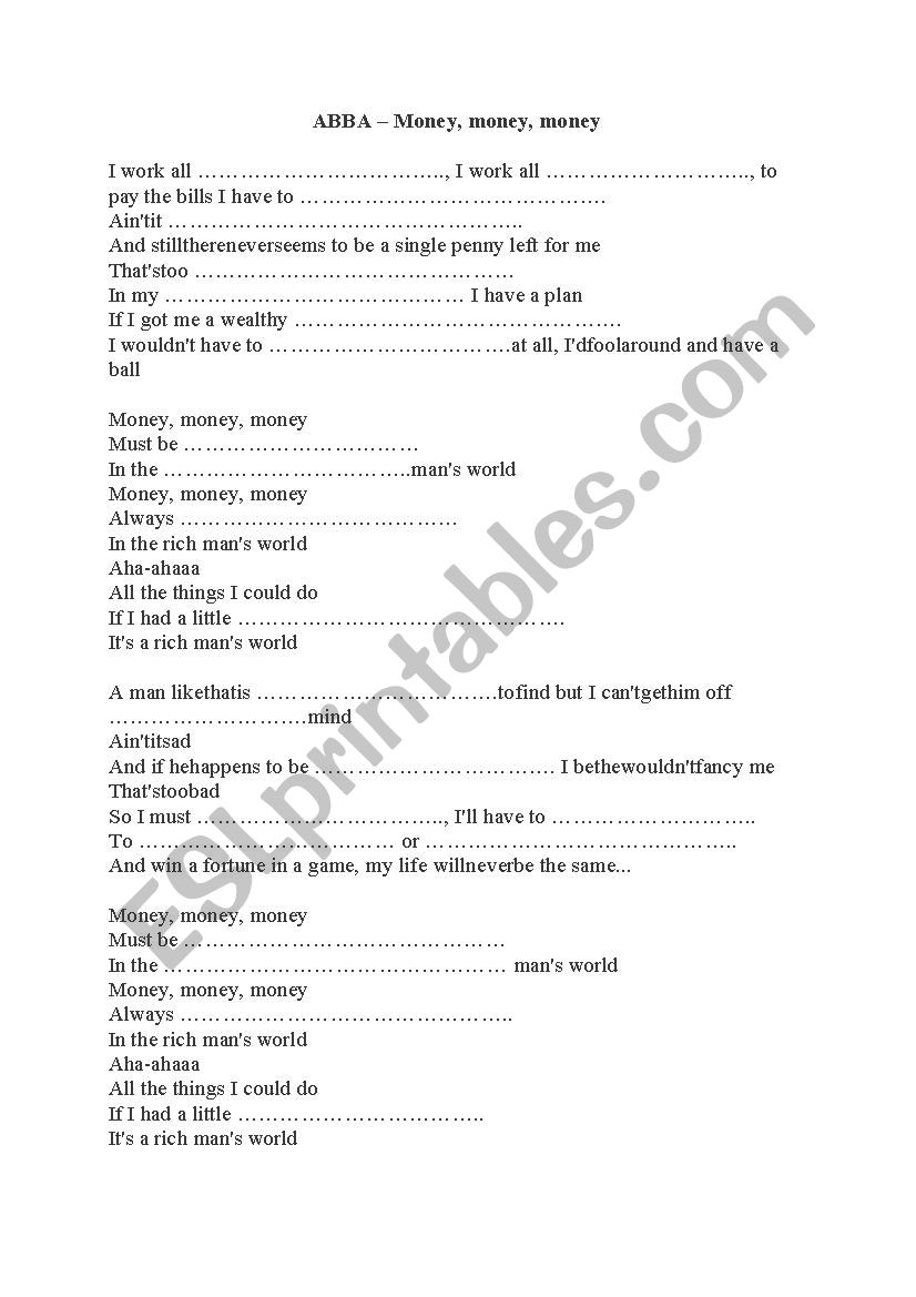 abba money worksheet