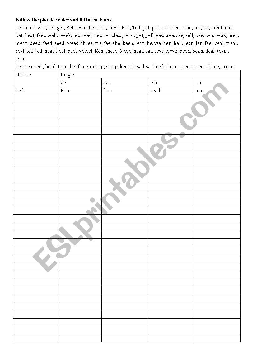 Long vowel e rhymes worksheet