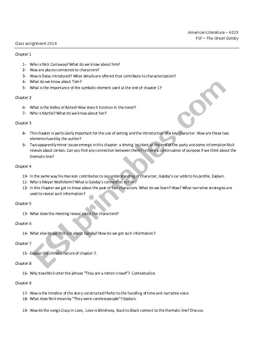 Analyzing THE GREAT GATSBY worksheet