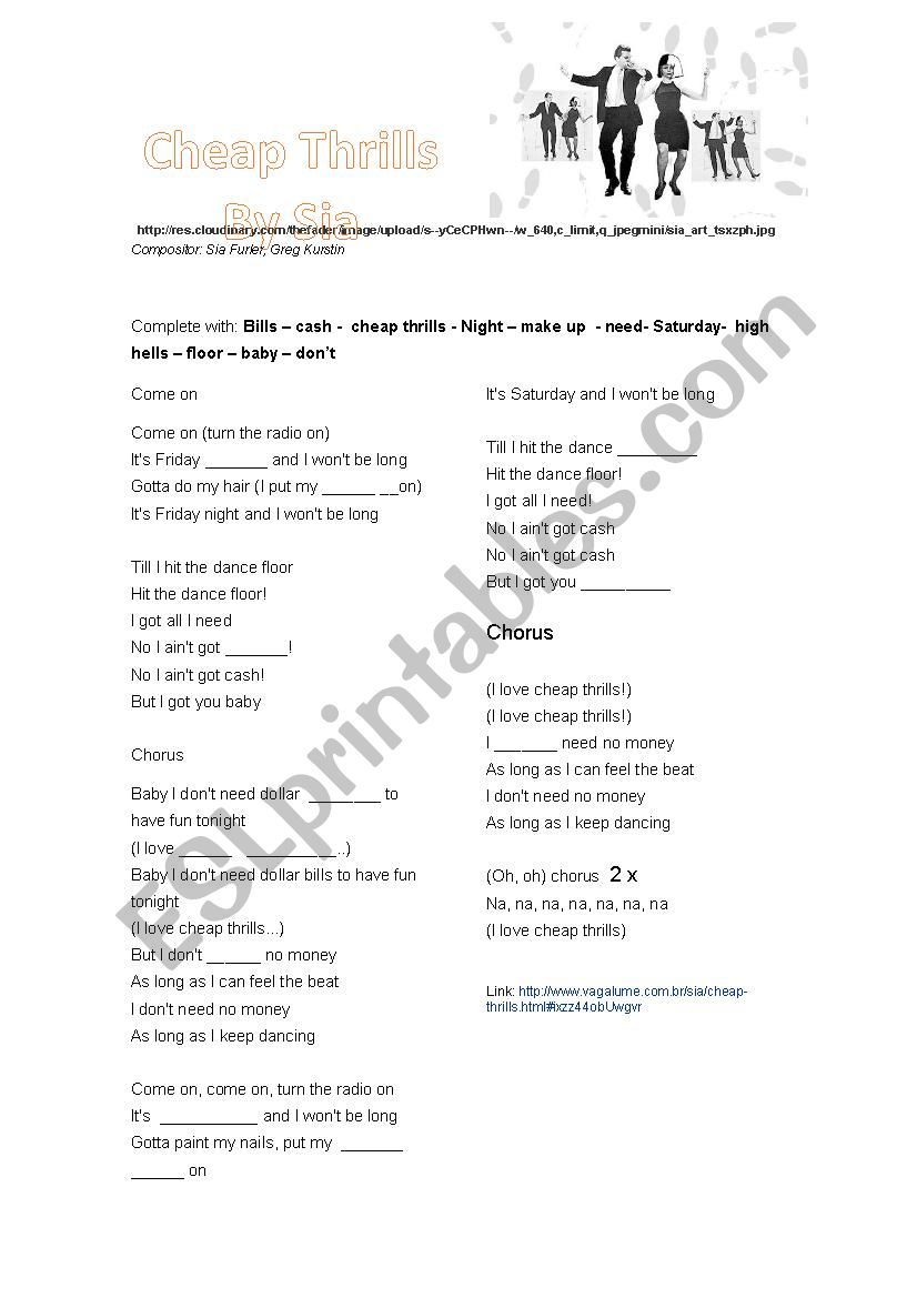 Cheap thrills by Sia worksheet
