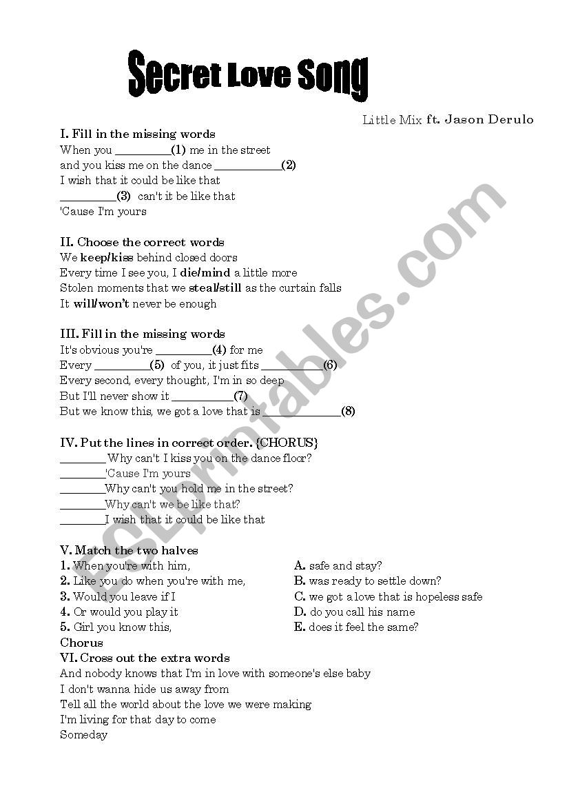 Secret Love Song worksheet