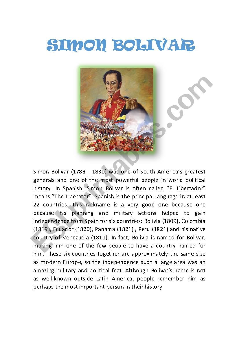 Simon Bolivar worksheet