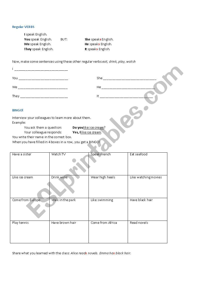 Bingo - Regular verbs worksheet