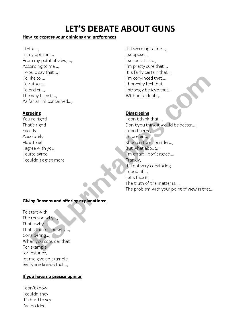 Lets debate about guns! worksheet