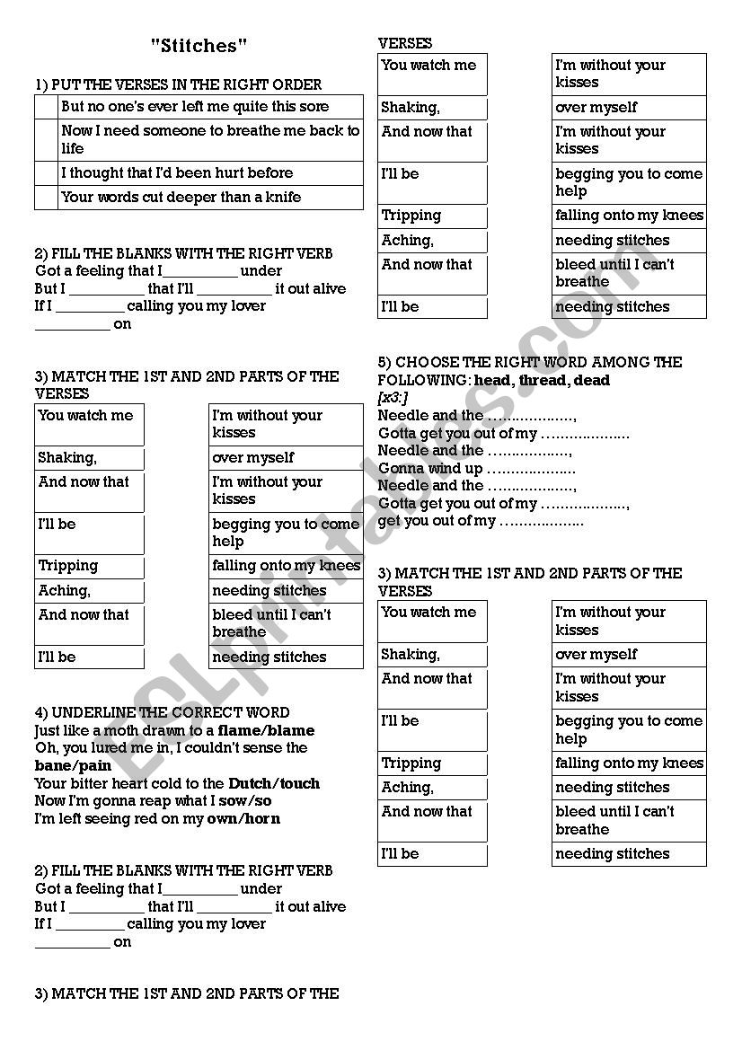 Stitches by Shawn Mendes worksheet