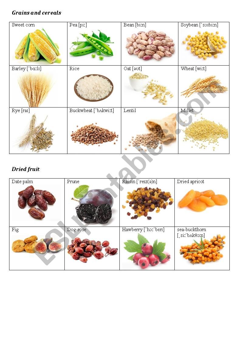 Dried fruit, Grains and Cereals Flashcards (Vocabulary worksheet)