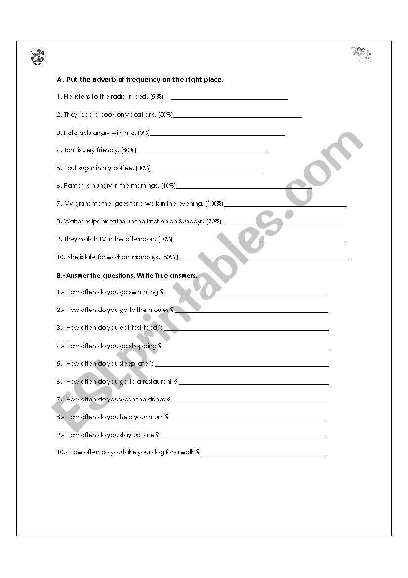 Frequency adverbs worksheet