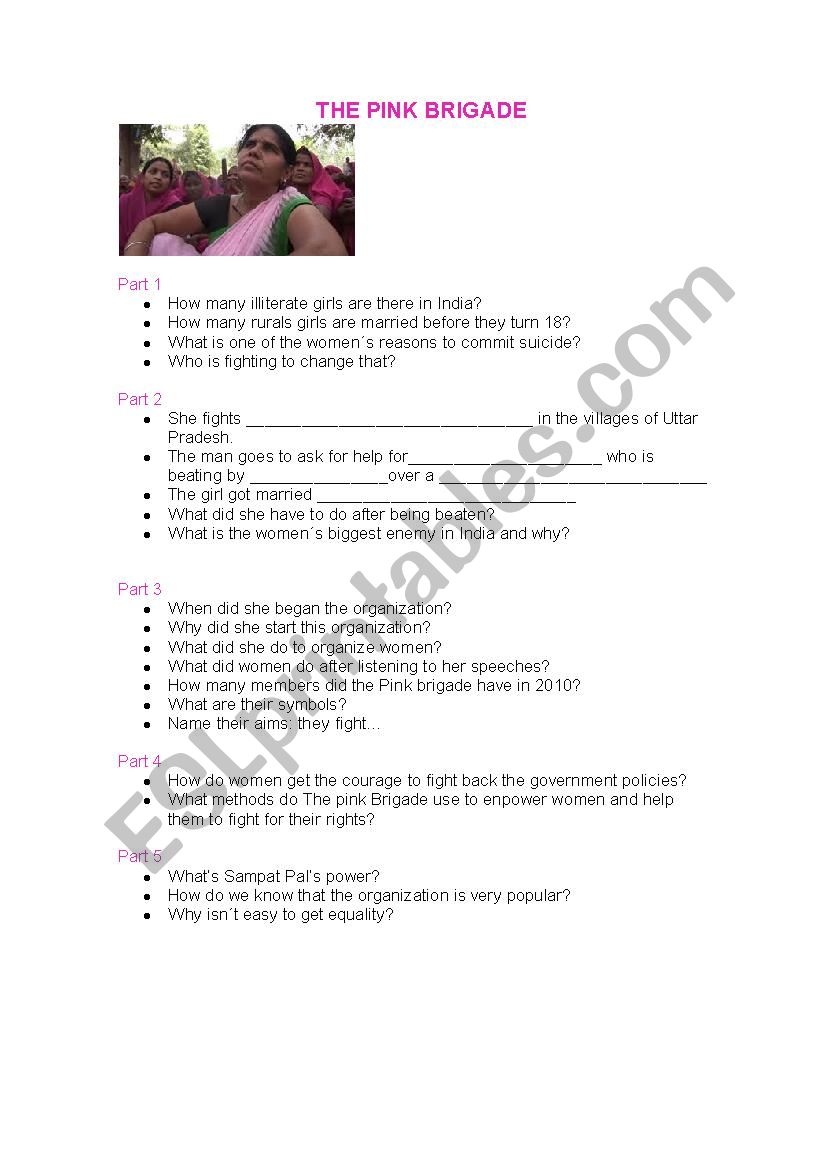 The Pink Brigade worksheet