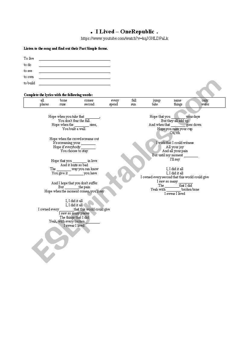 song worksheet