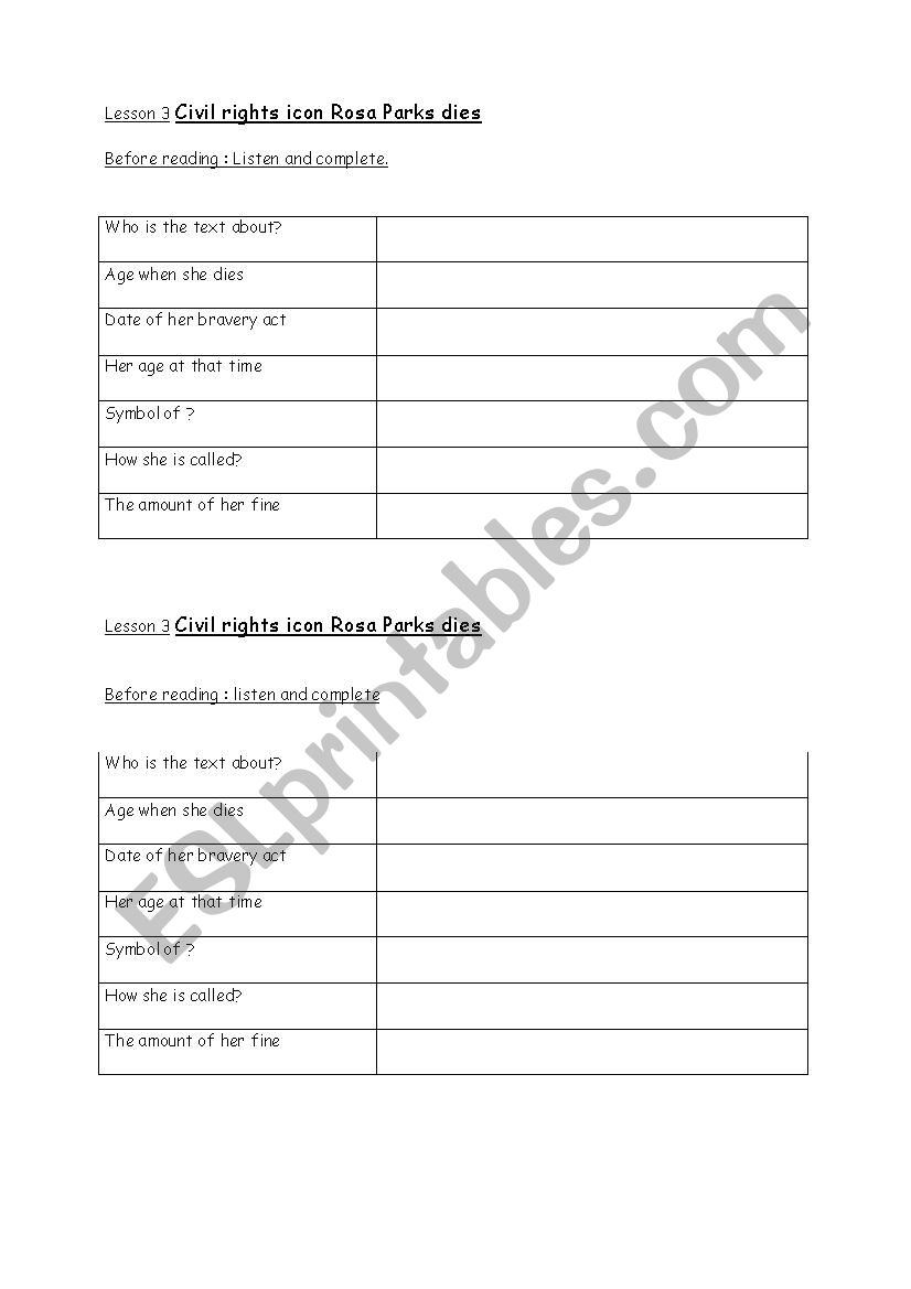 Rosa Parks worksheet