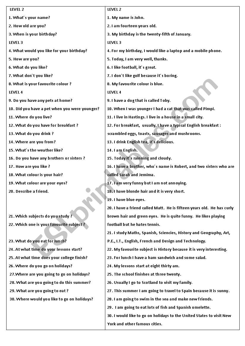 Speaking test questions worksheet