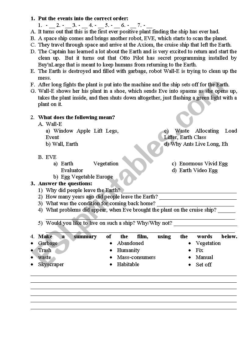 WALL-e  worksheet