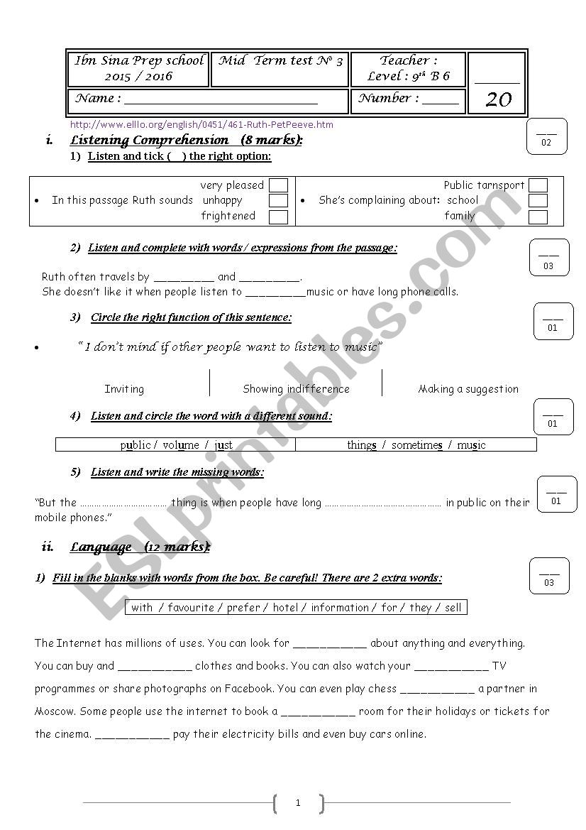 Mid term test 3 for 9th formers